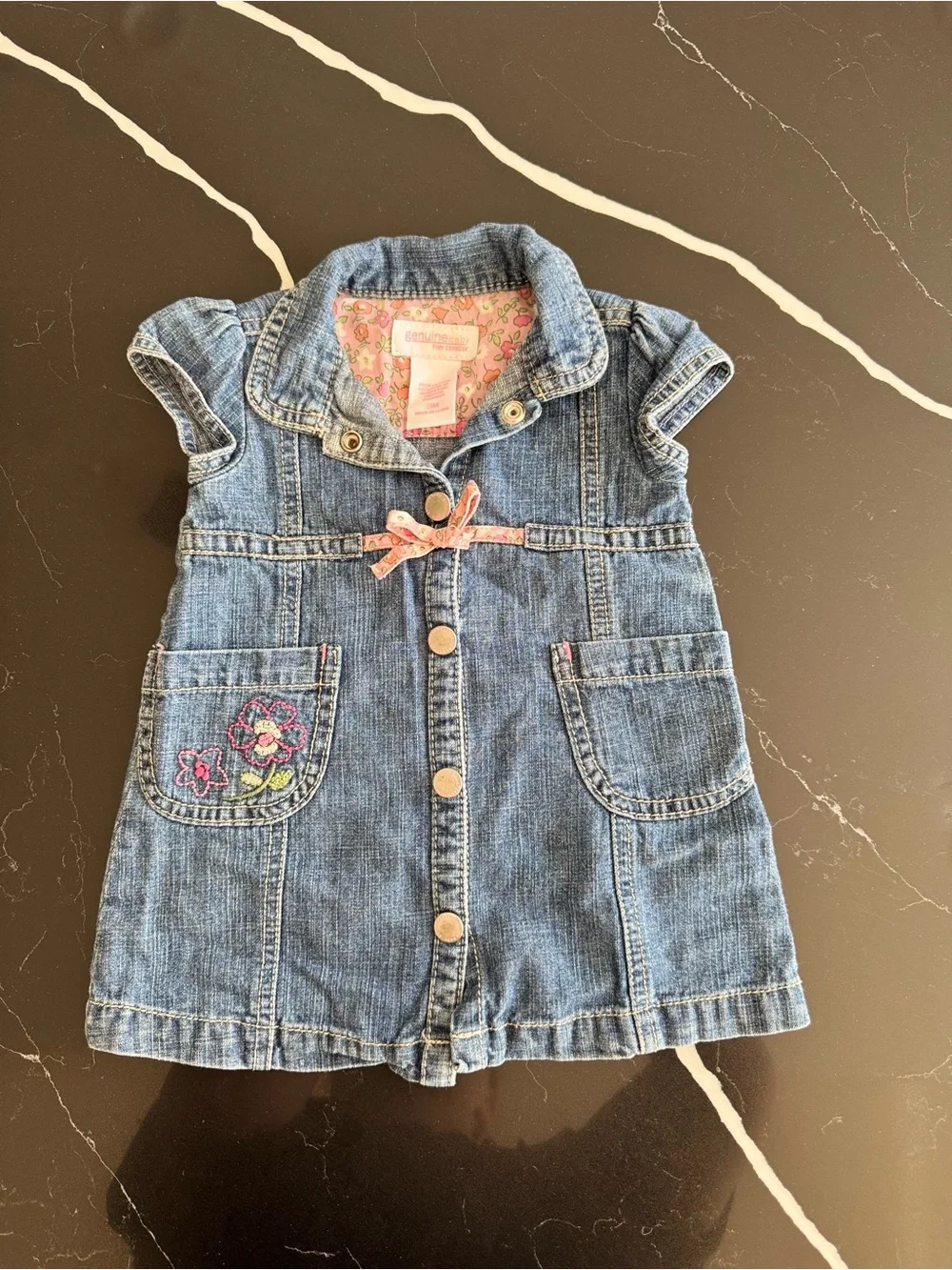 Y2K Baby Girl Denim Button-Front Dress‎ with Floral Embroidery